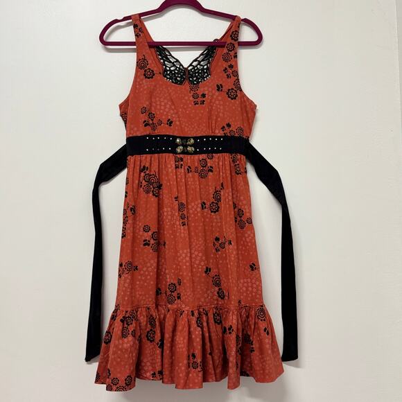 Free People Boho Floral Dress Rust Orange Lace Neckline Ruffle Hem Sz S - Picture 1 of 9